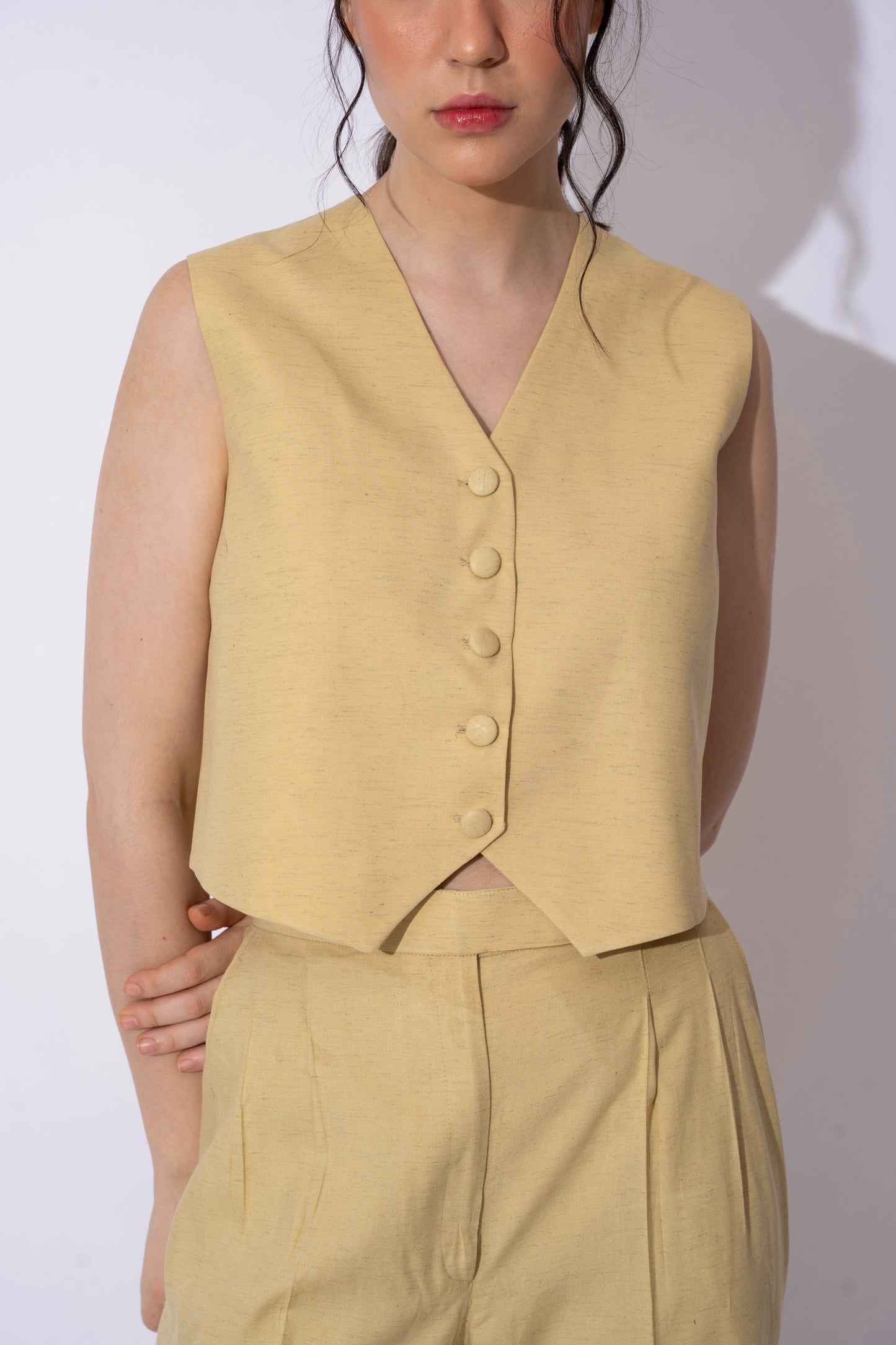 BEIGE GREEN LINEN WAISTCOAT WITH PANTS