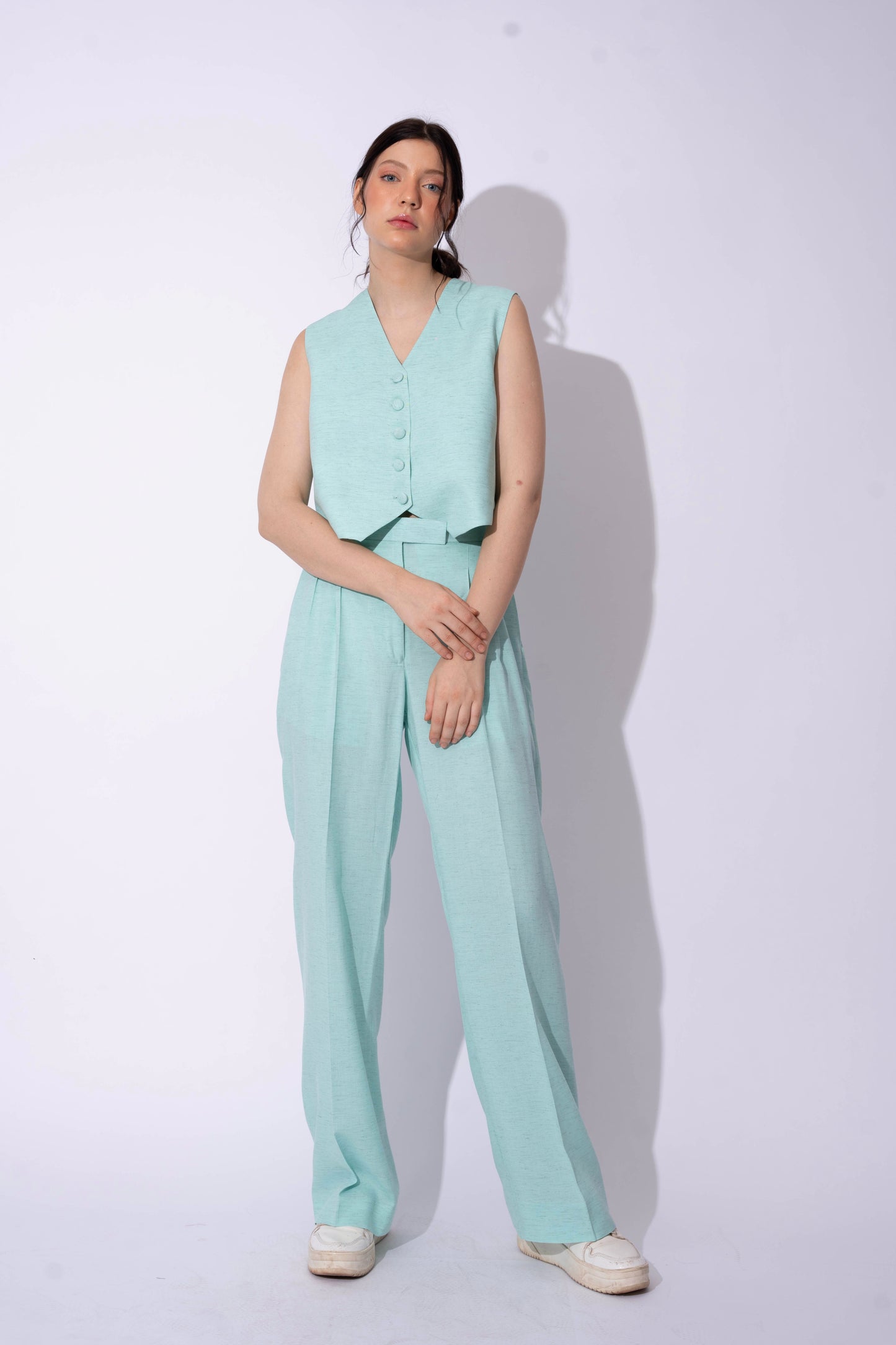 AQUA BLUE LINEN WAISTCOAT WITH PANTS
