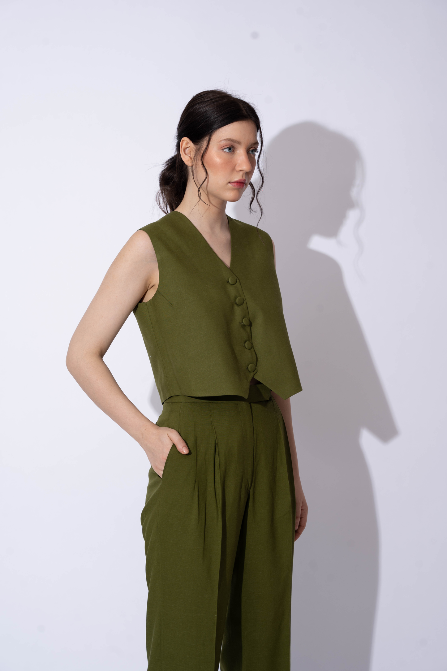 OLIVE LINEN WAISTCOAT TOP