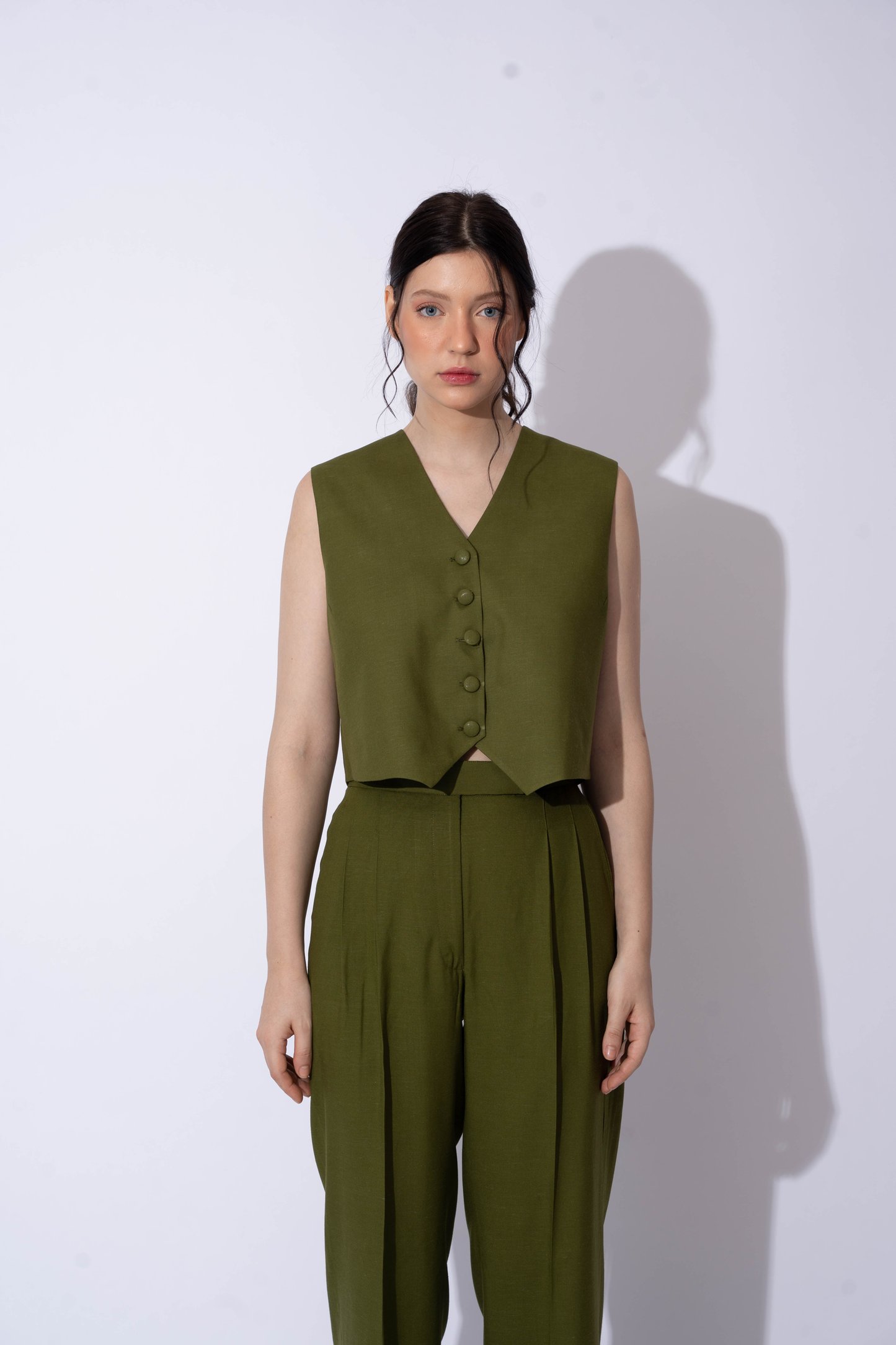 OLIVE LINEN WAISTCOAT TOP