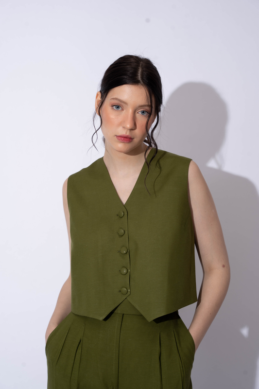 OLIVE LINEN WAISTCOAT TOP