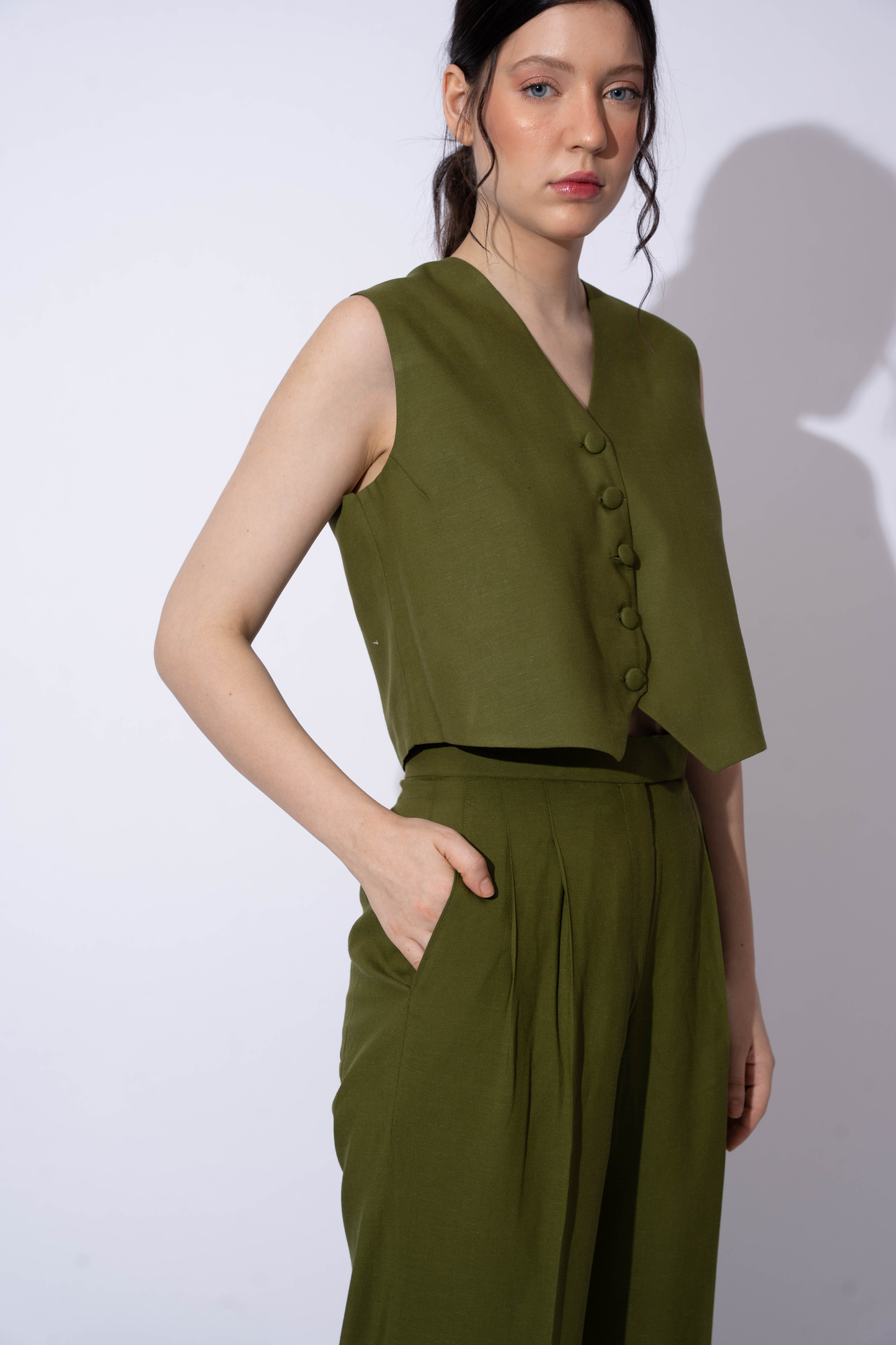 OLIVE LINEN WAISTCOAT TOP