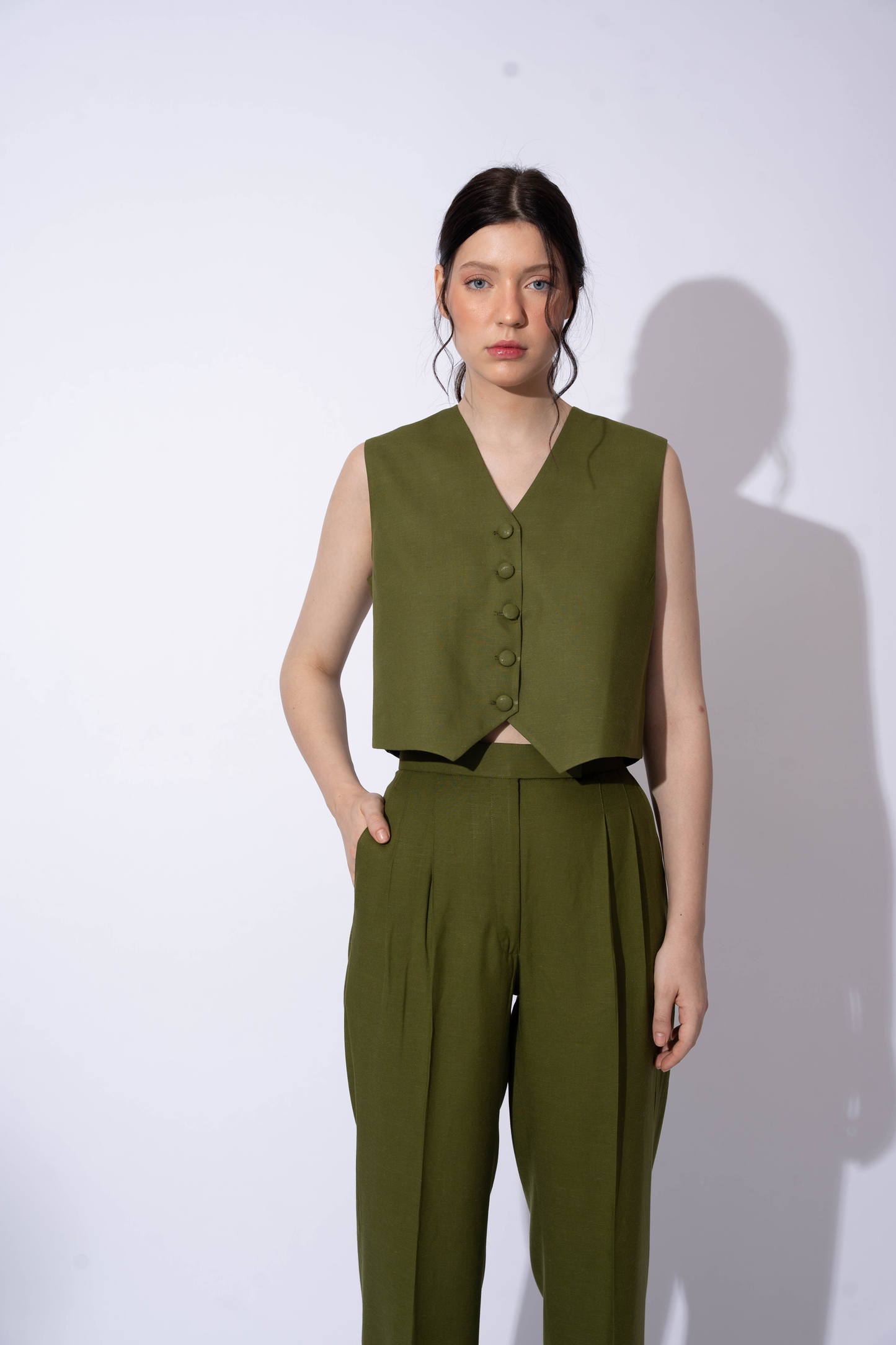 OLIVE LINEN WAISTCOAT TOP