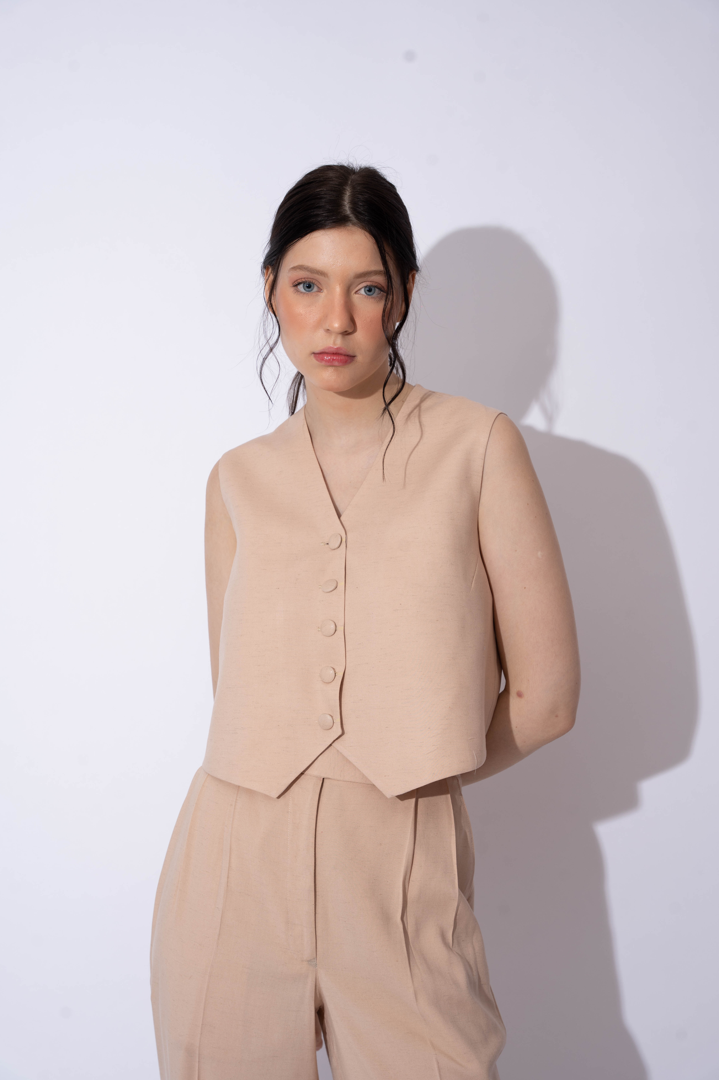 BEIGE LINEN WAISTCOAT TOP