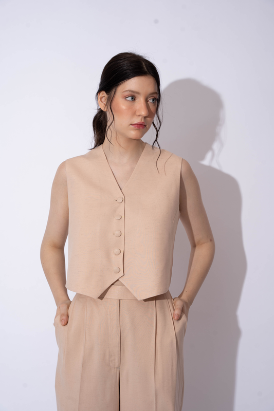 BEIGE LINEN WAISTCOAT TOP