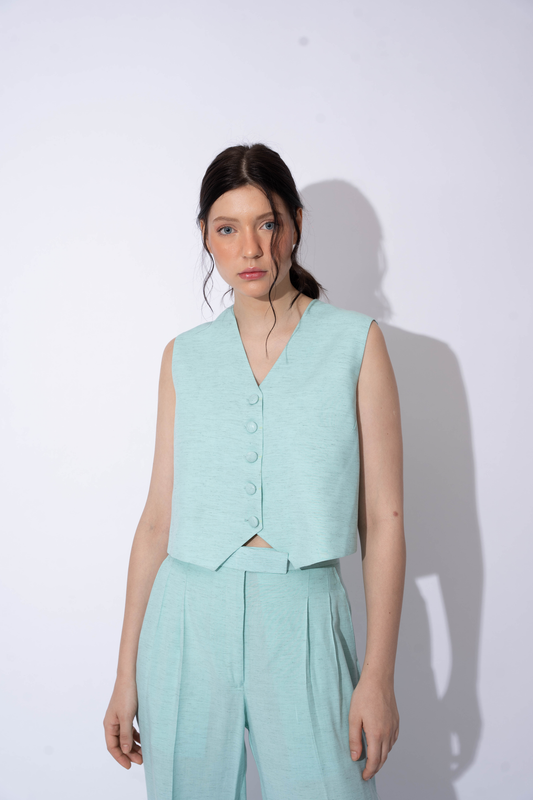 AQUA BLUE LINEN WAISTCOAT TOP