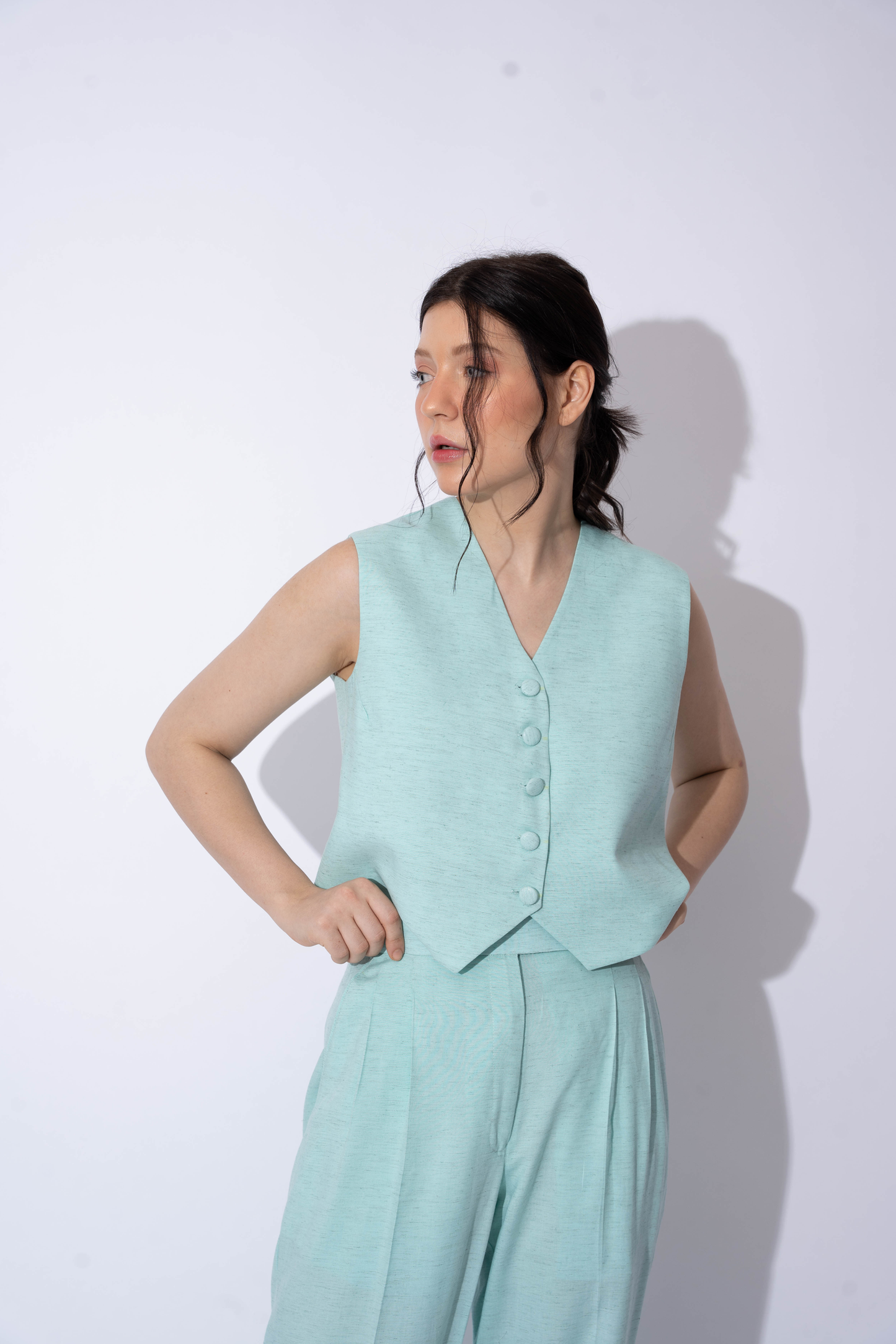 AQUA BLUE LINEN WAISTCOAT TOP