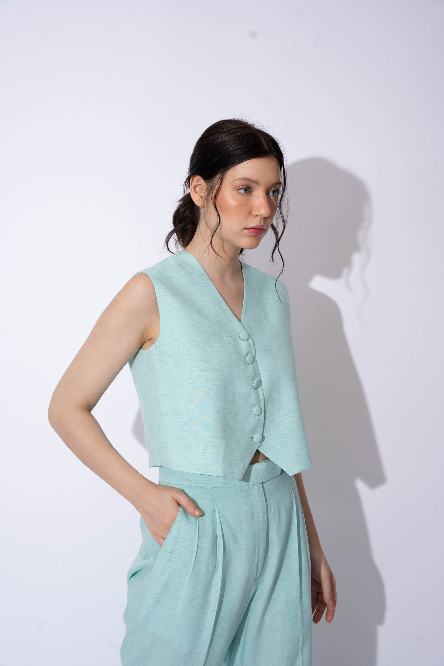 AQUA BLUE LINEN WAISTCOAT TOP