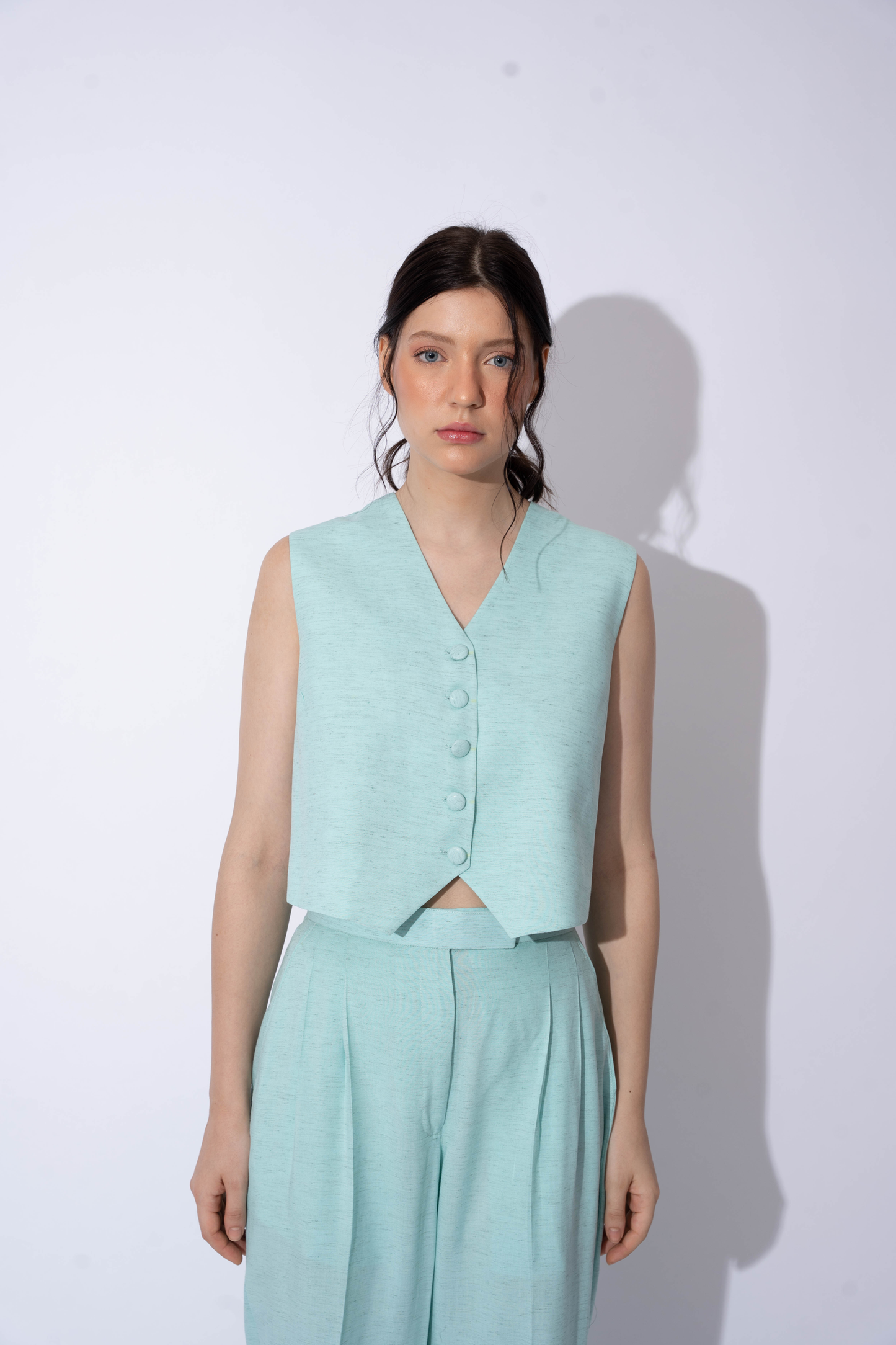 AQUA BLUE LINEN WAISTCOAT TOP