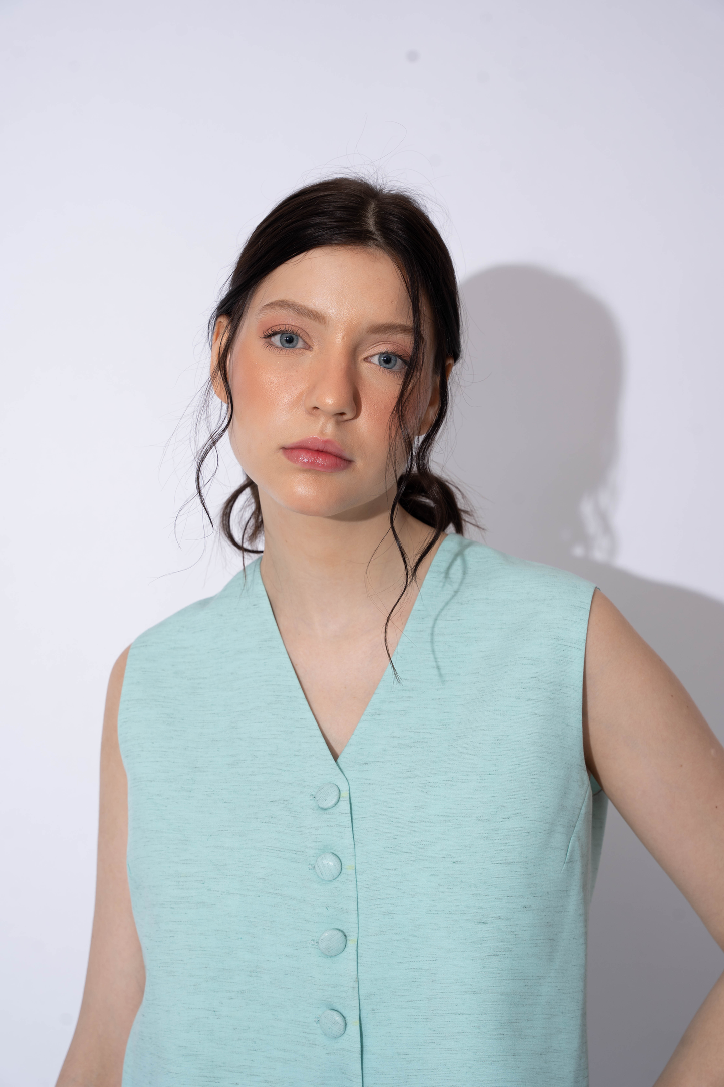 AQUA BLUE LINEN WAISTCOAT TOP