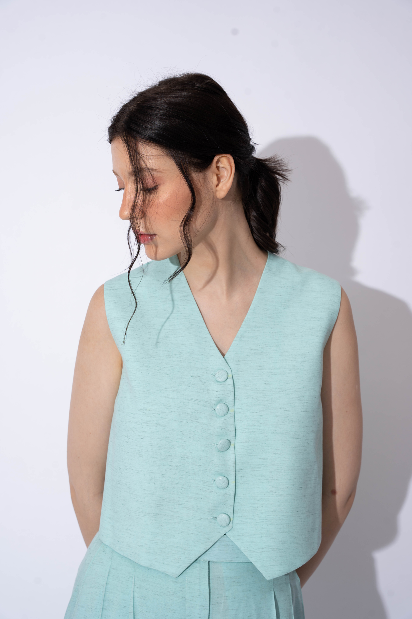 AQUA BLUE LINEN WAISTCOAT TOP