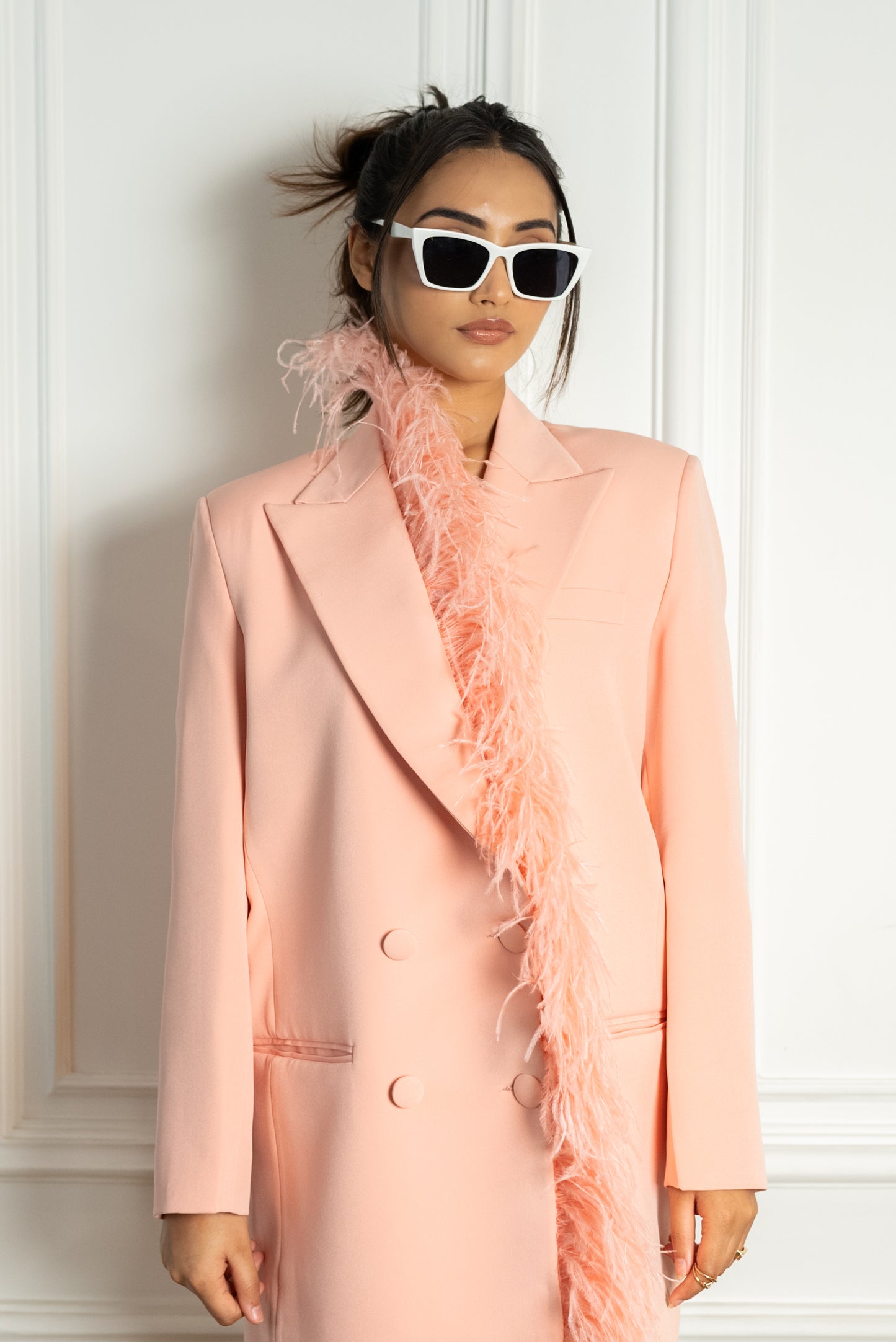 Peachy Feathered Blazer Dress