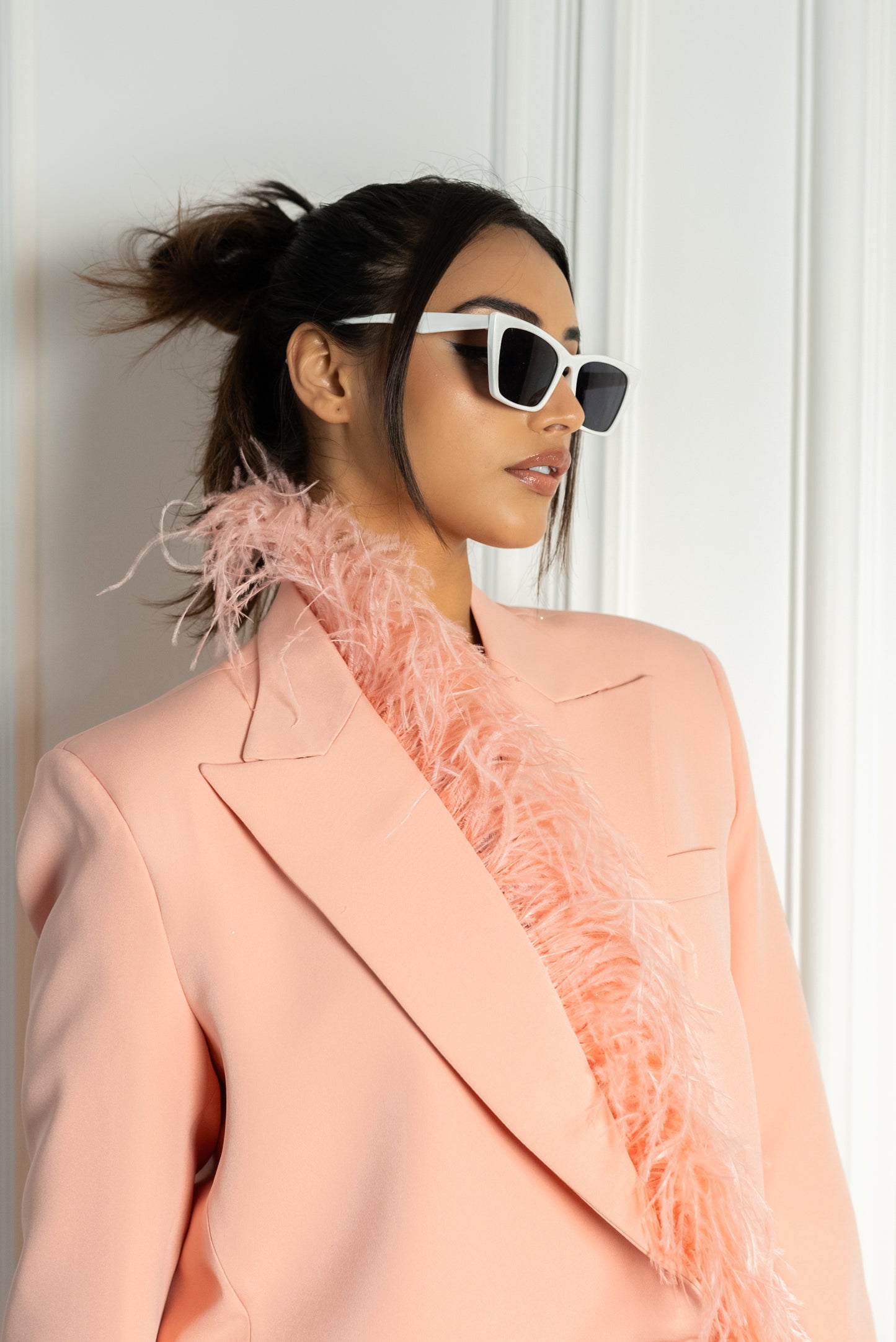 Peachy Feathered Blazer Dress