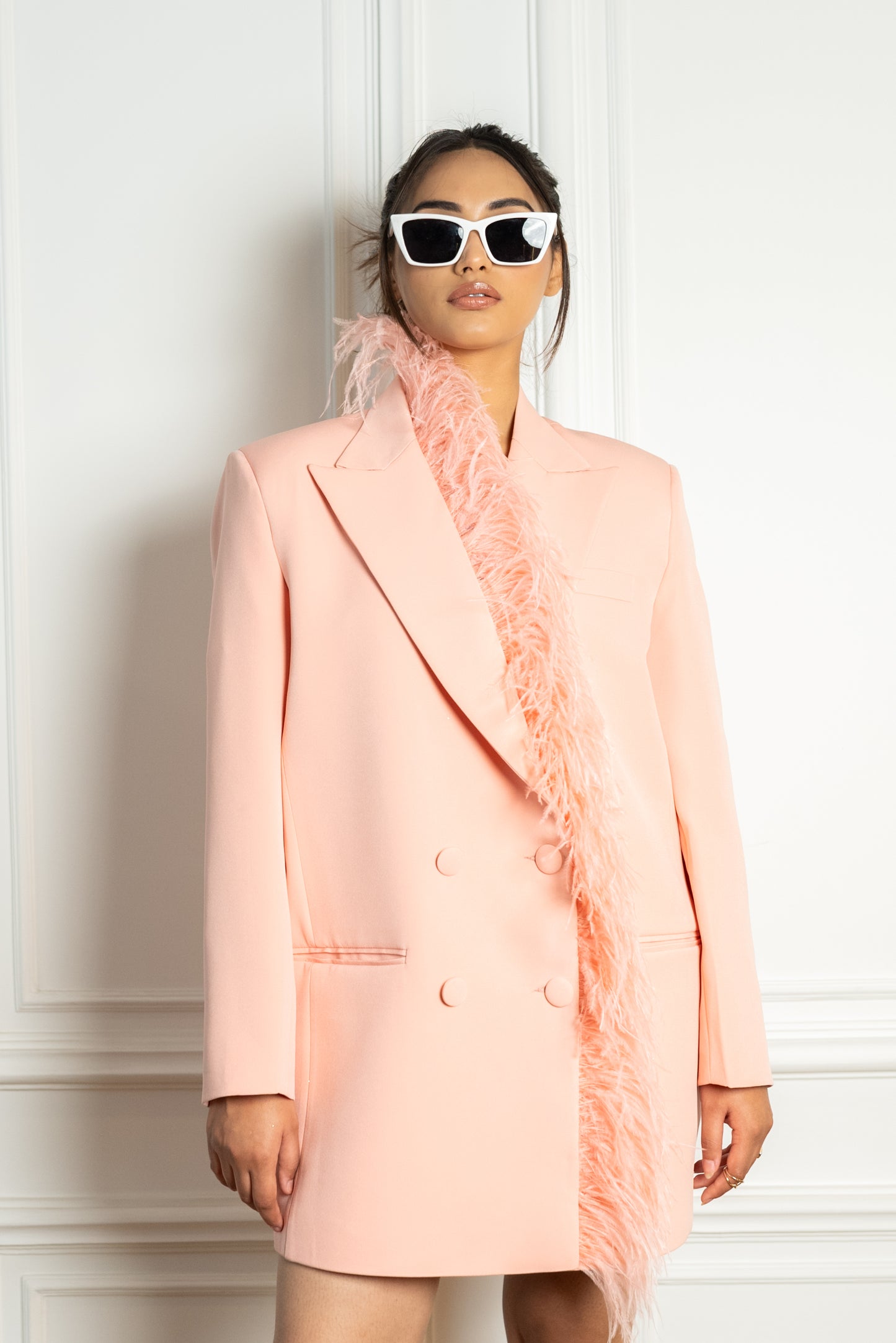 Peachy Feathered Blazer Dress