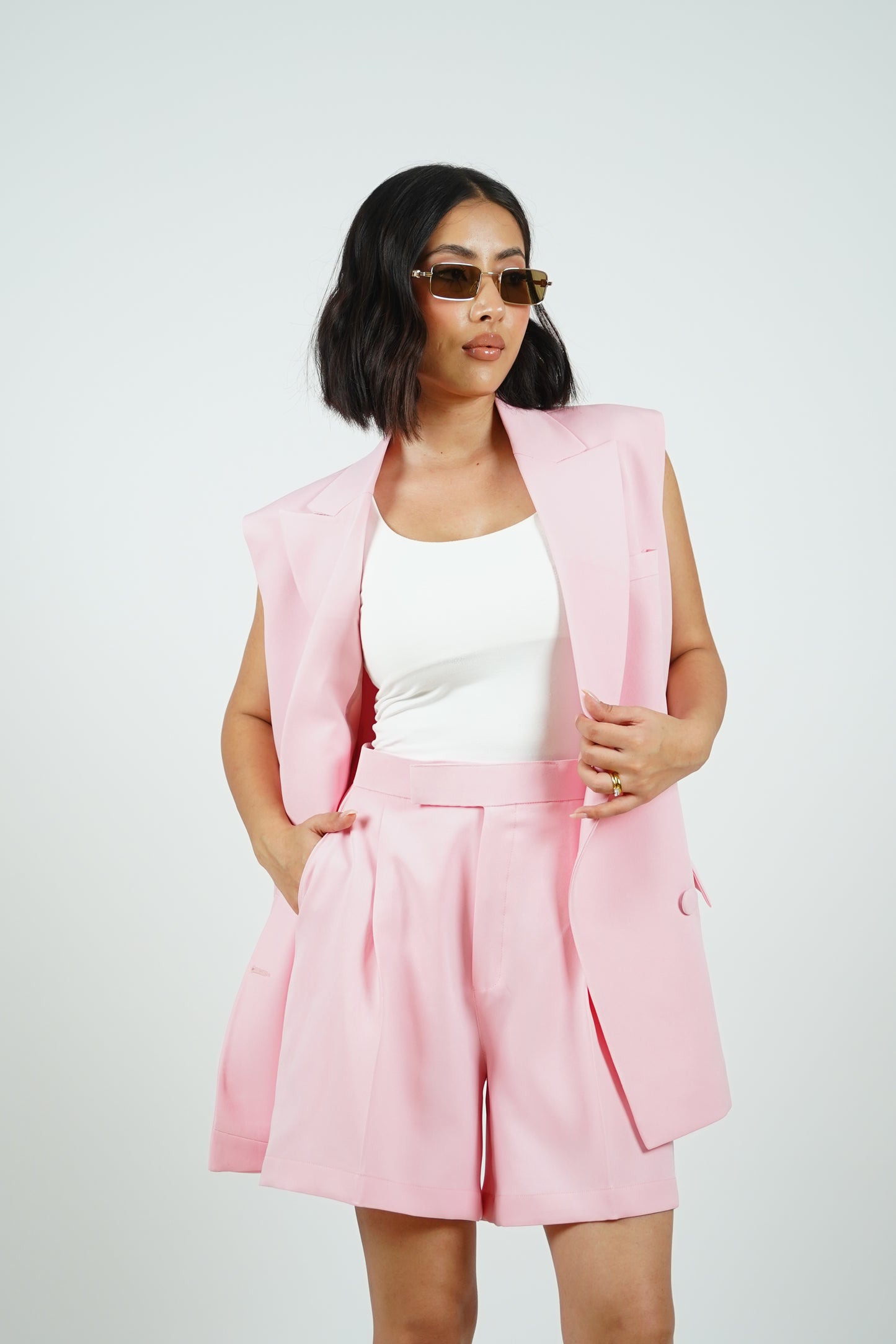 Baby Pink Sleeveless Blazer With Shorts