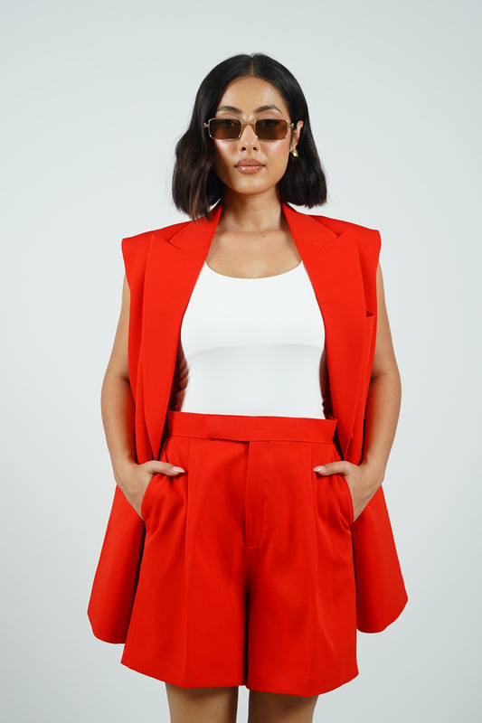 Red Sleeveless Blazer With Shorts