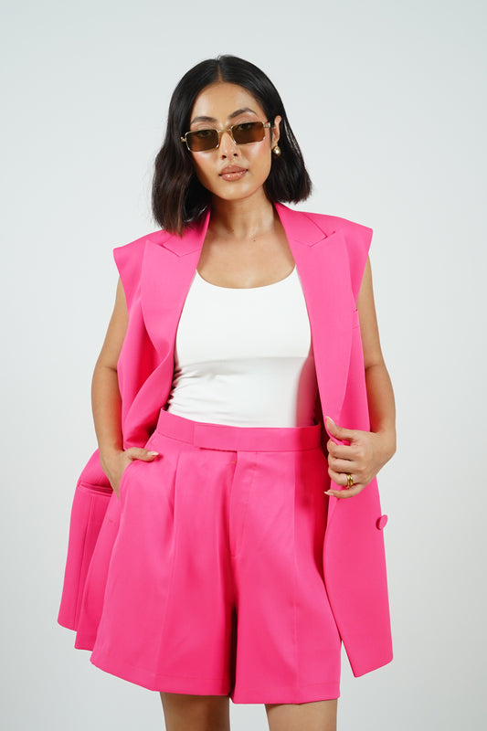 Hot Pink Sleeveless Blazer With Shorts