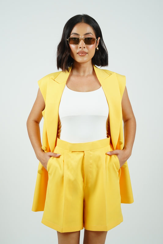 Yellow Sleeveless Blazer With Shorts