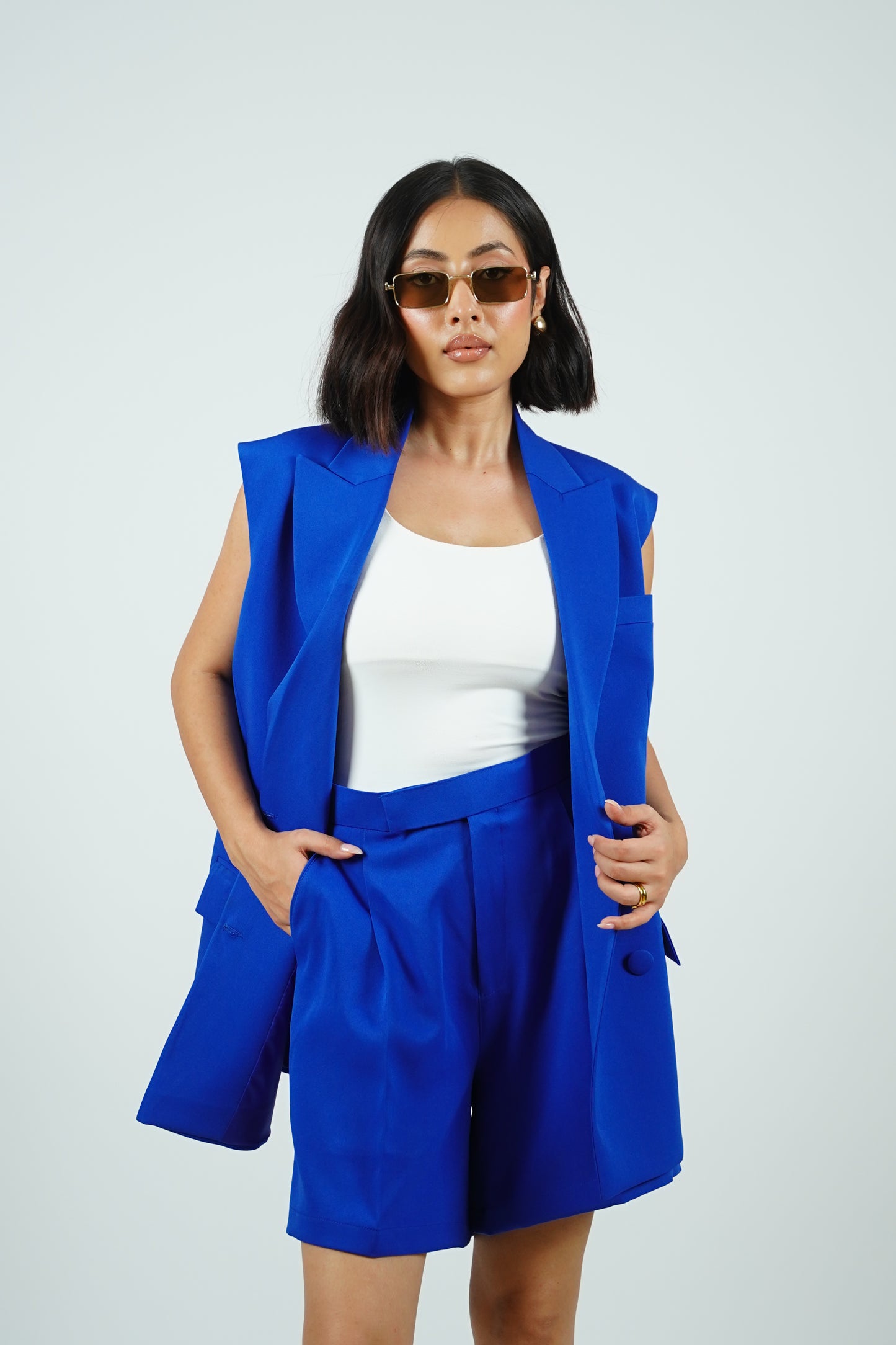 Blue Sleeveless Blazer With Shorts