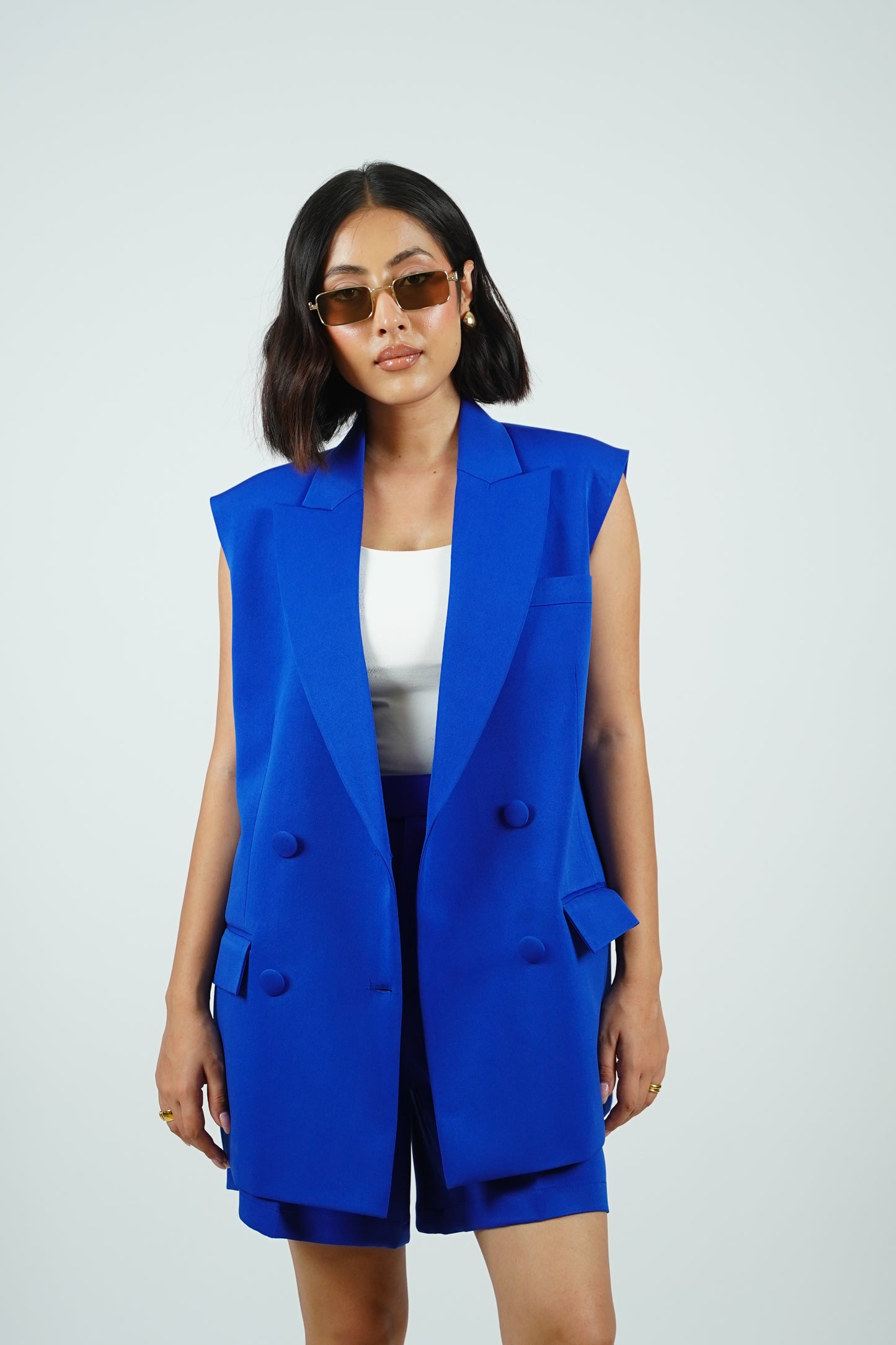 Blue Sleeveless Blazer With Shorts