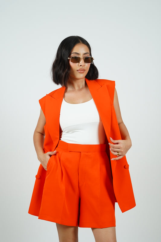 Orange Sleeveless Blazer With Shorts