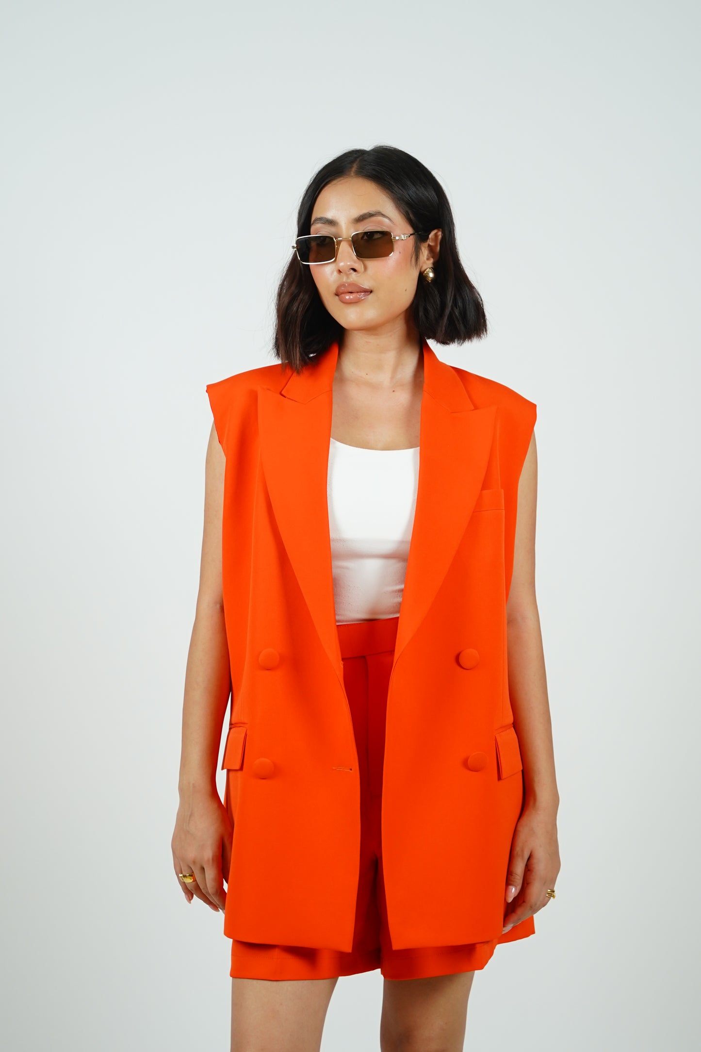 Orange Sleeveless Blazer With Shorts