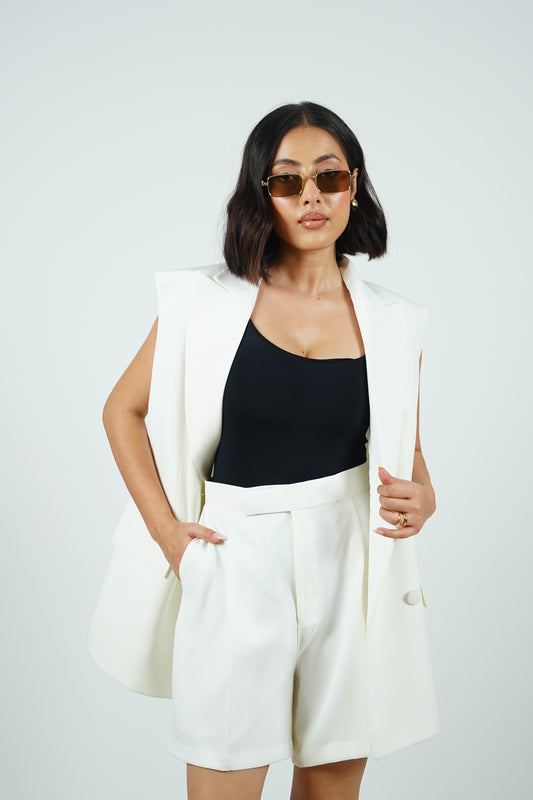 White Sleeveless Blazer With Shorts