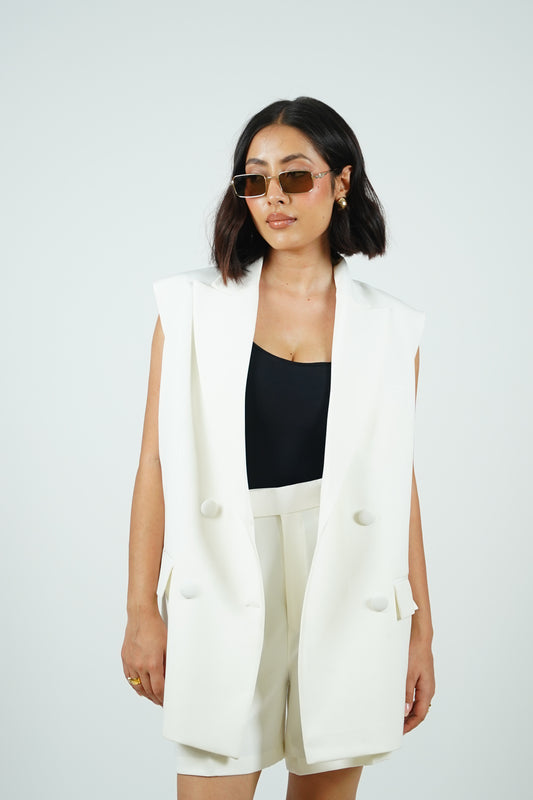 White Sleeveless Blazer With Shorts