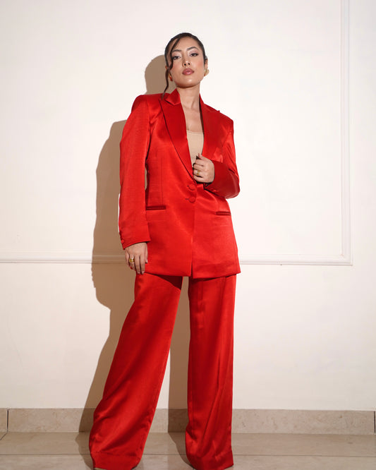 Red satin pantsuit