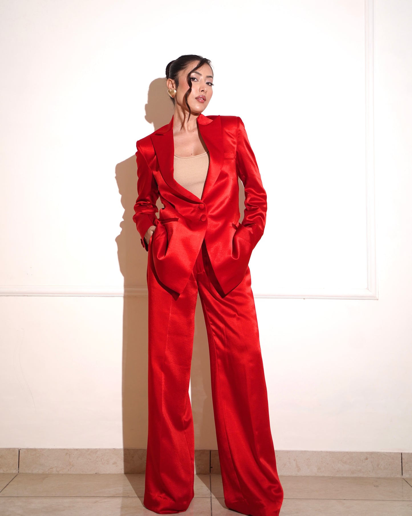 Red satin pantsuit