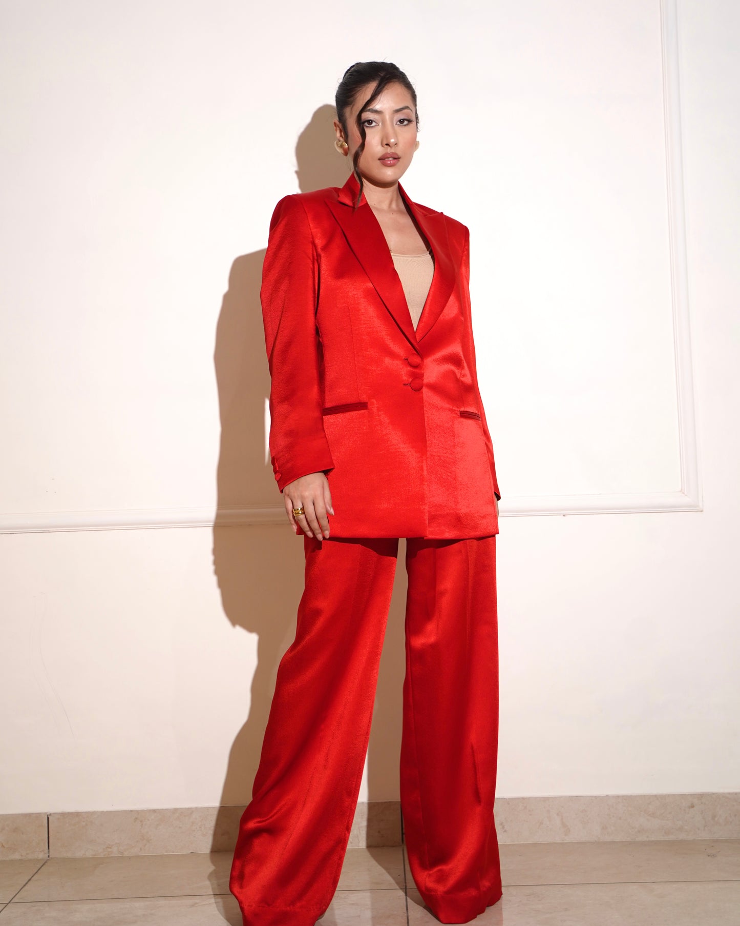 Red satin pantsuit