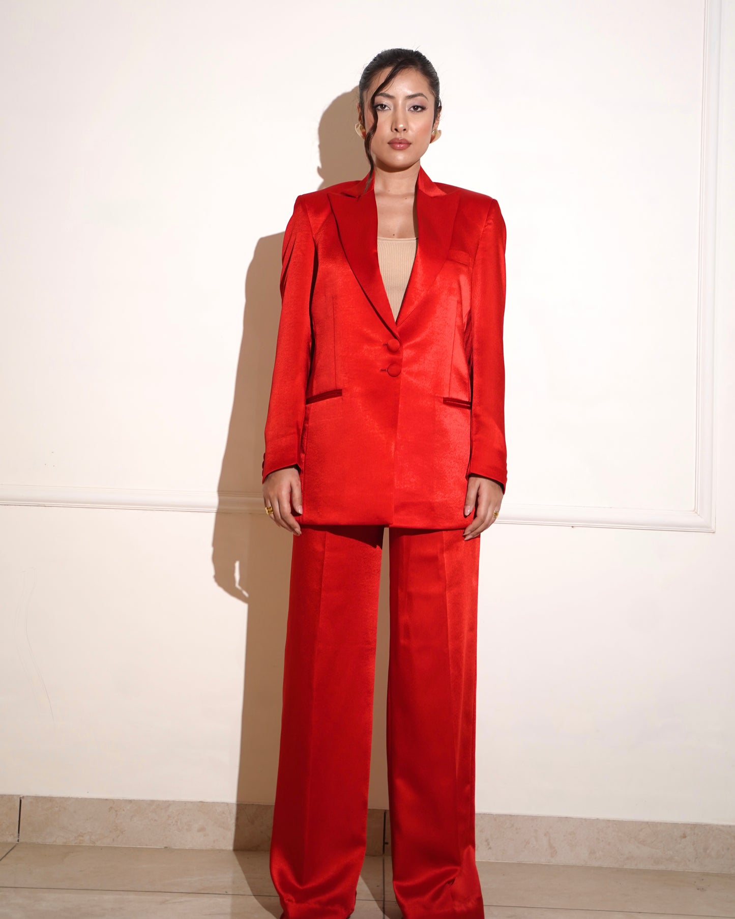 Red satin pantsuit