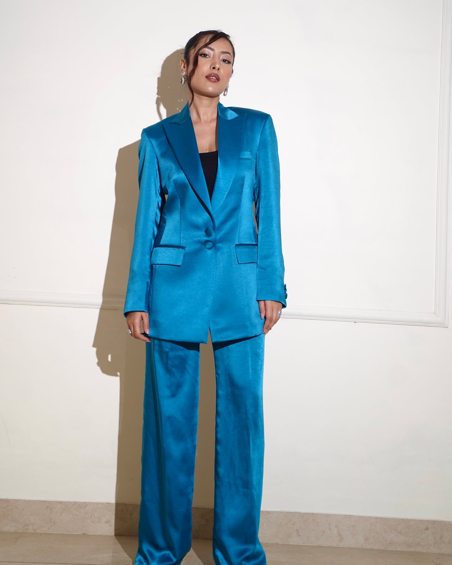 Blue satin pantsuit