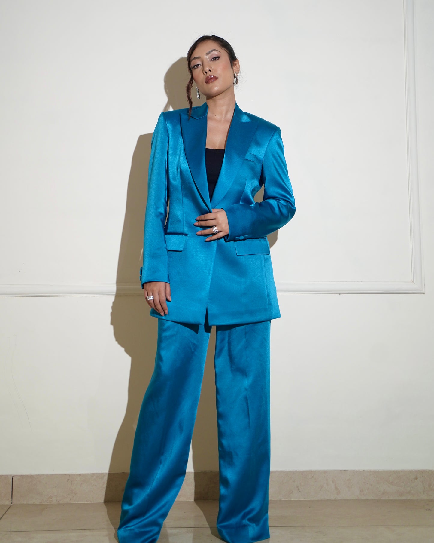 Blue satin pantsuit