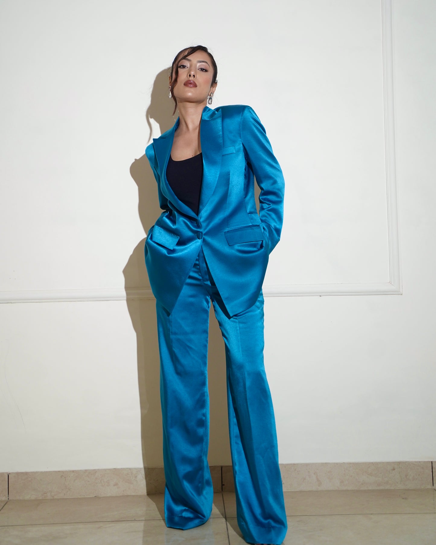 Blue satin pantsuit