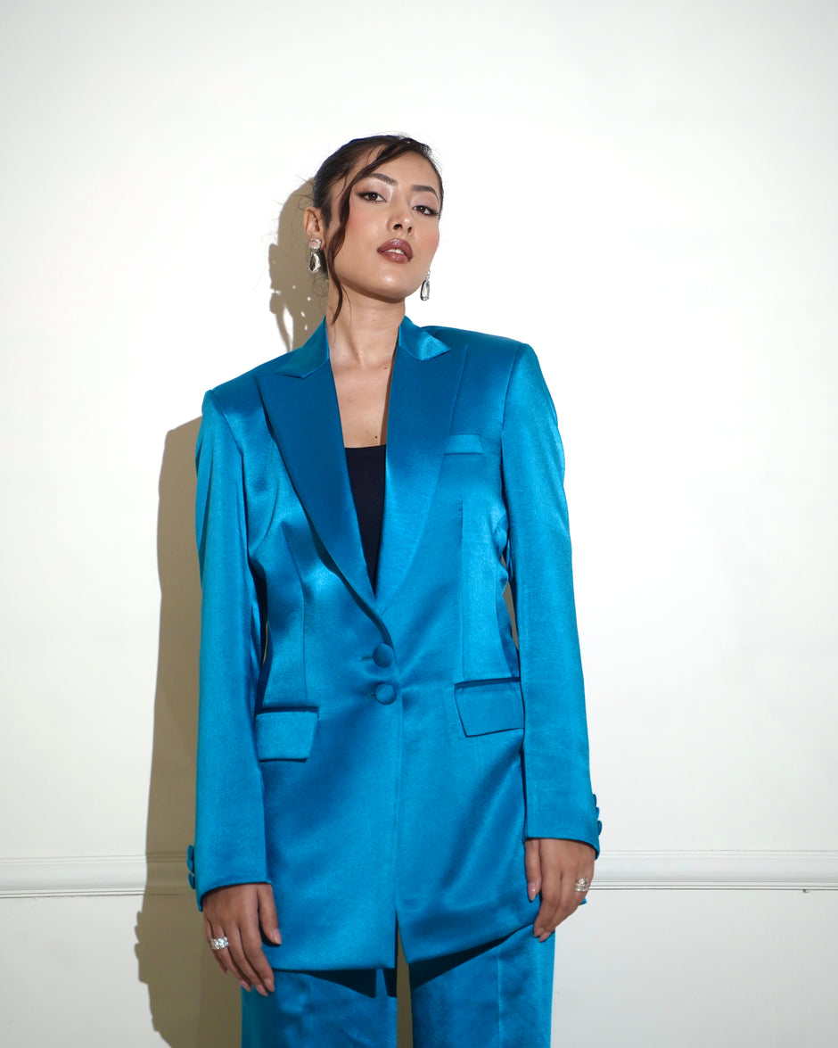 Blue satin pantsuit