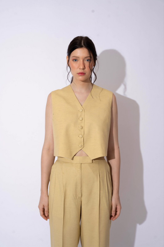 GREEN BEIGE LINEN WAISTCOAT TOP