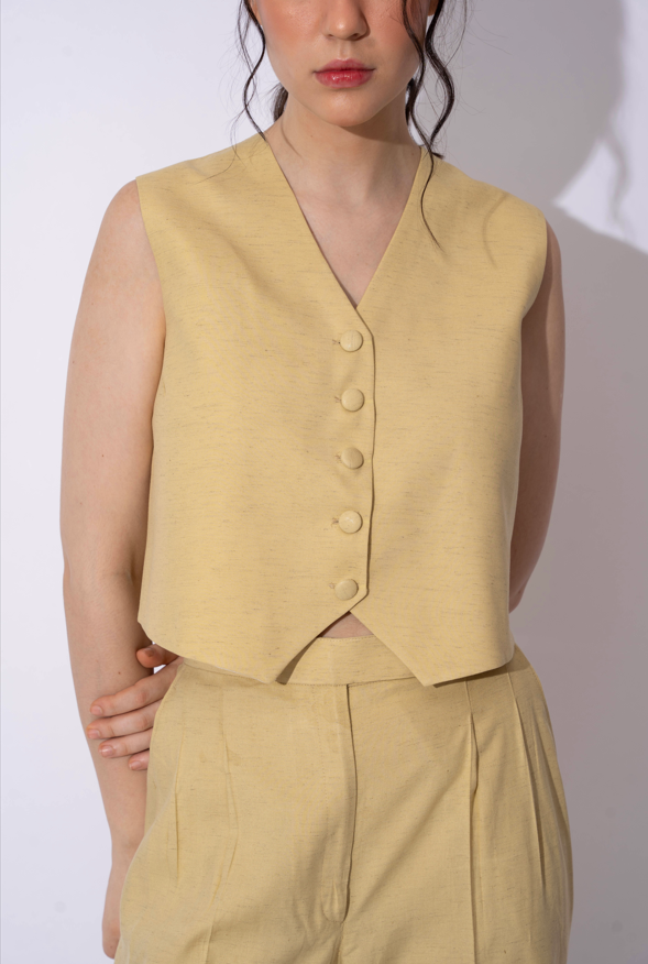 GREEN BEIGE LINEN WAISTCOAT TOP