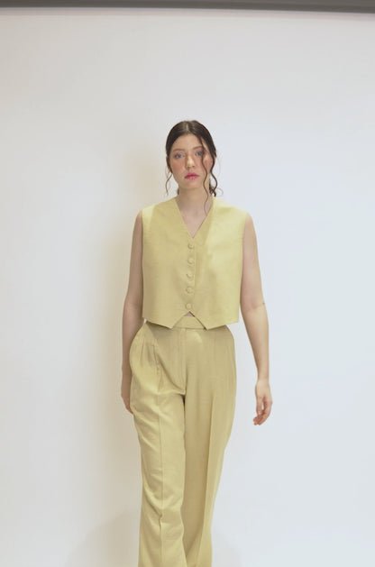BEIGE GREEN LINEN WAISTCOAT WITH PANTS