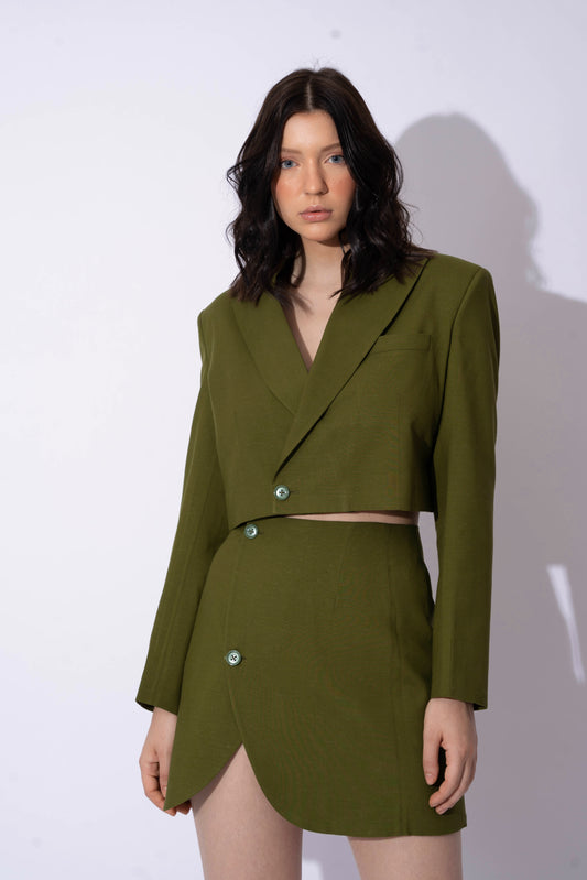 OLIVE GREEN LINEN CROP BLAZER