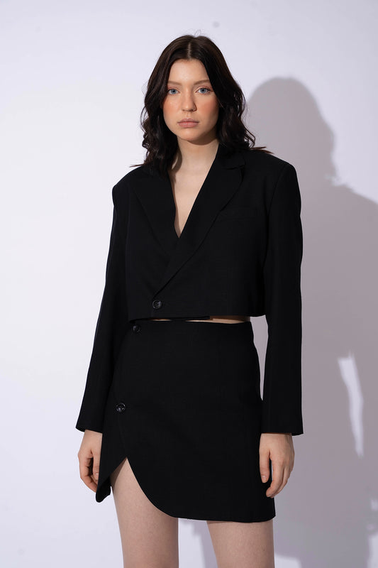 BLACK LINEN CROP BLAZER