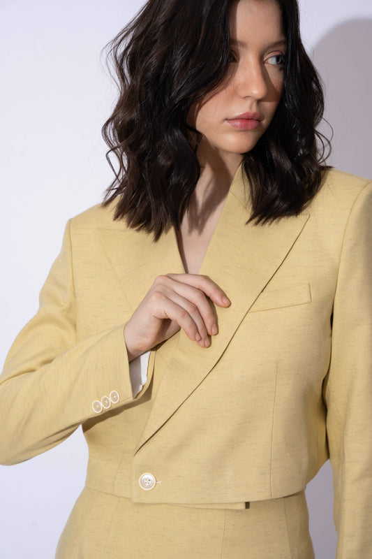 GREEN BEIGE LINEN CROP BLAZER