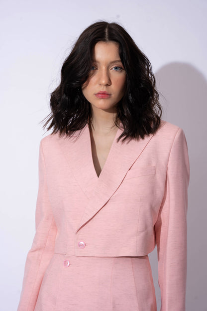 PASTEL PINK LINEN CROP BLAZER
