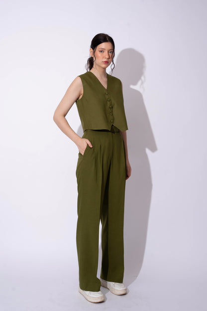 OLIVE LINEN WAISTCOAT WITH PANTS