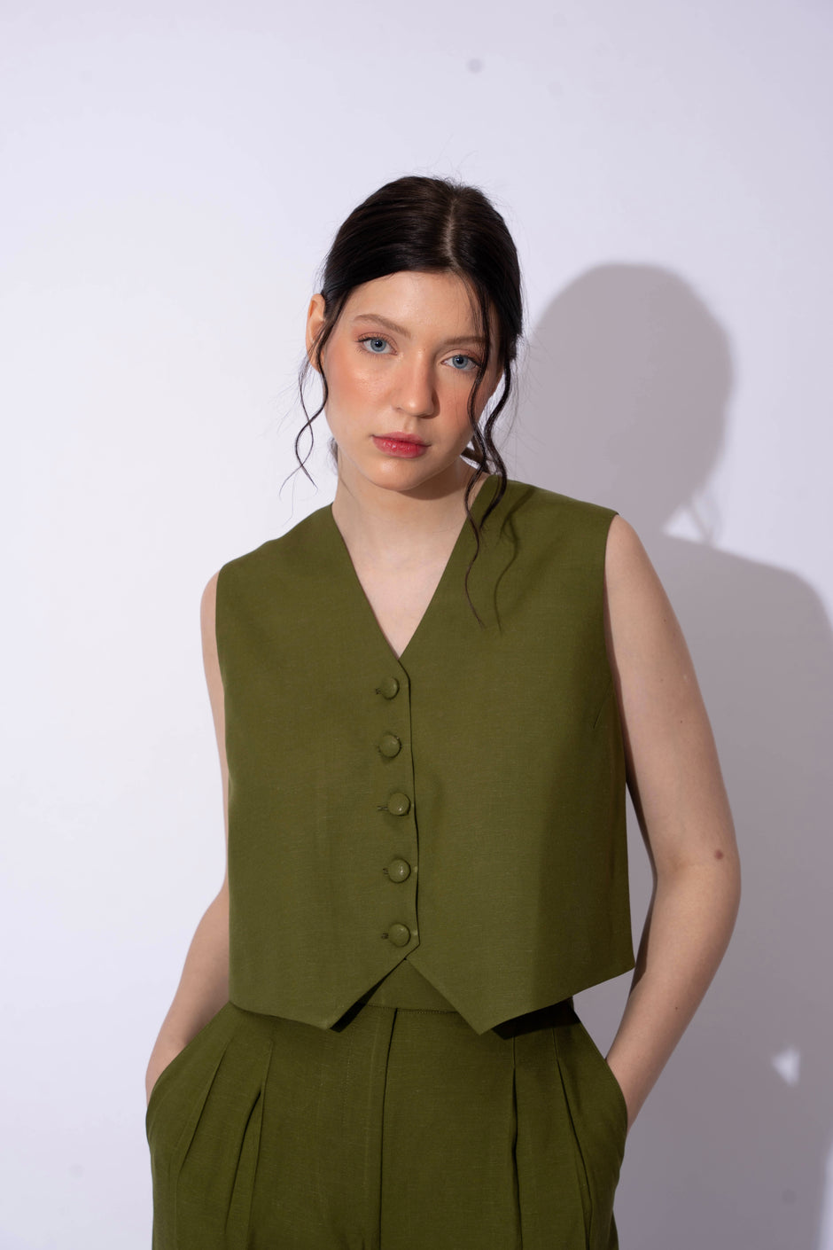 OLIVE LINEN WAISTCOAT WITH PANTS