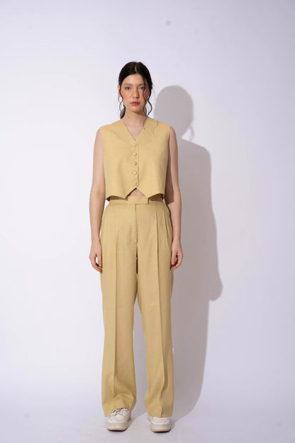 BEIGE GREEN LINEN WAISTCOAT WITH PANTS