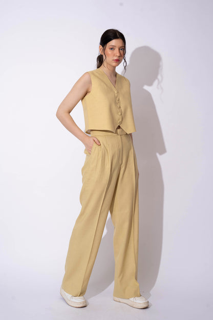 BEIGE GREEN LINEN WAISTCOAT WITH PANTS